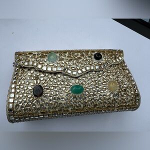 Silver Gold and Multicolor Embellished Clutch bag with shoulder chain
